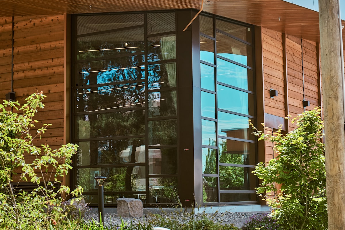 Cedar and glass commercial building entry