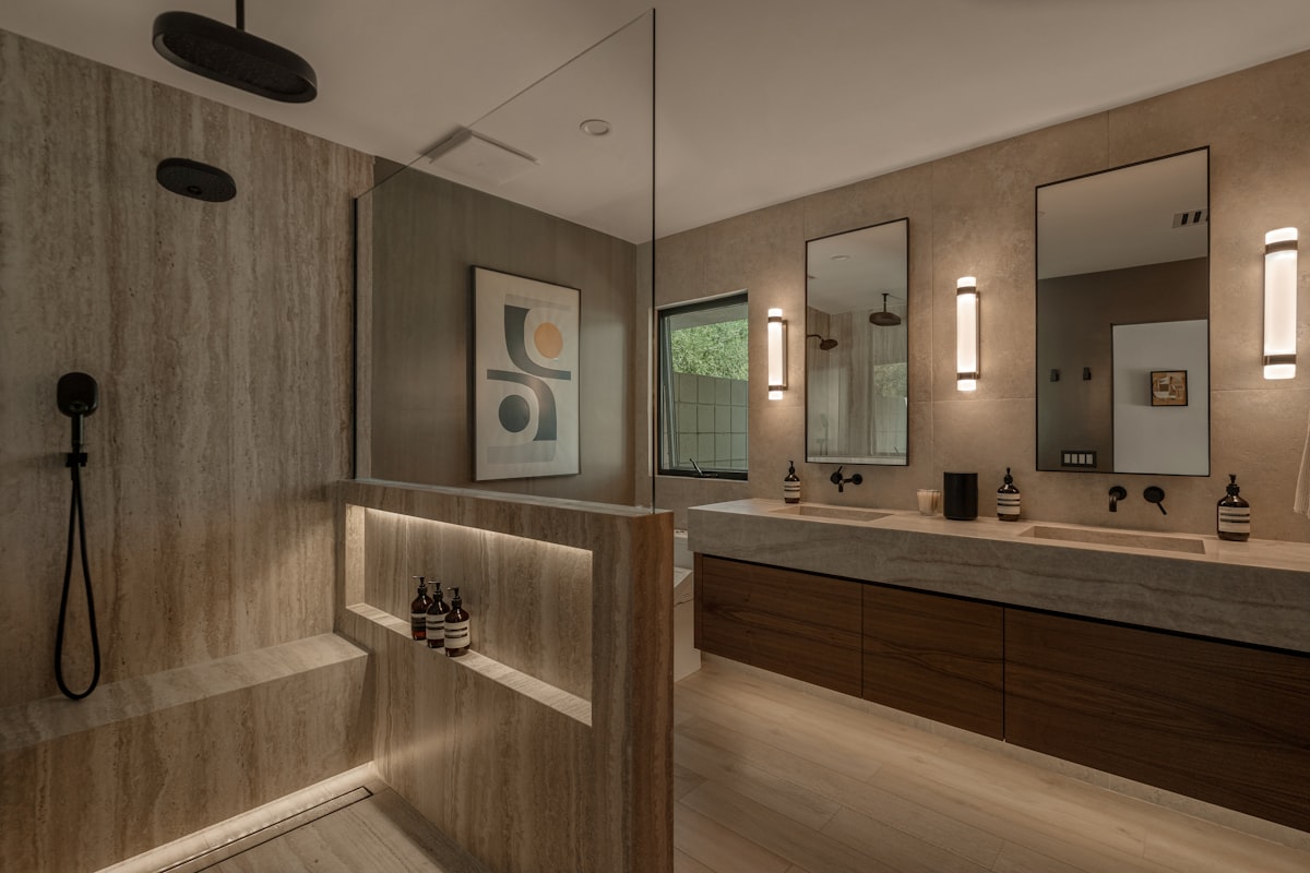Spa bathroom with stone and wood finishes