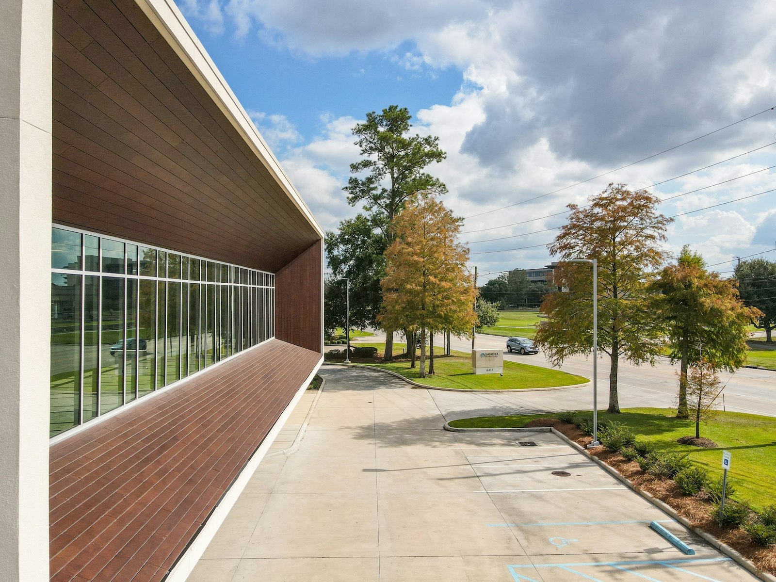 Wood-lined commercial building exterior
